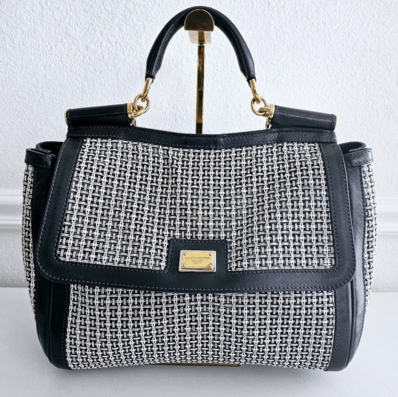 Dolce & Gabbana Black & White Large Sicily Woven Top Handle Bag - Picture 1 of 15